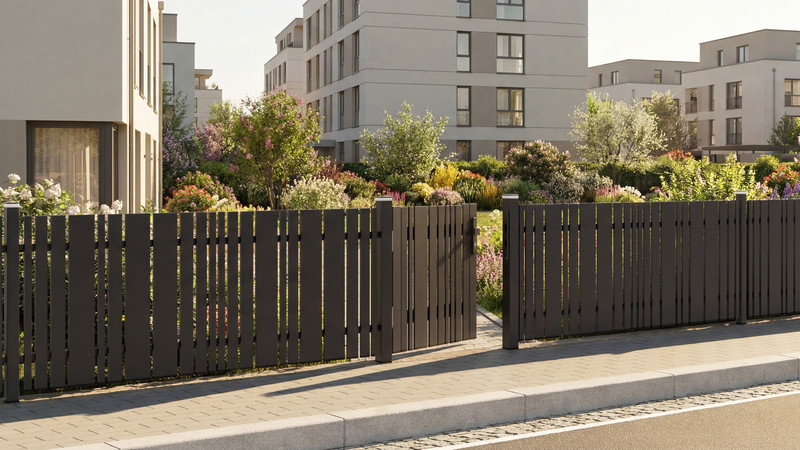 Anthrazitfarbener Aluminium-Vorgartenzaun mit senkrechten Profilen und passendem Gartentor vor einem Wohngebäude