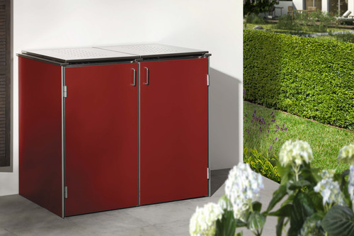 BINTO Müllbox HPL Rot mit Edelstahl-Klappdeckeln BINTO Müllbox HPL Rot mit Edelstahl-Klappdeckeln