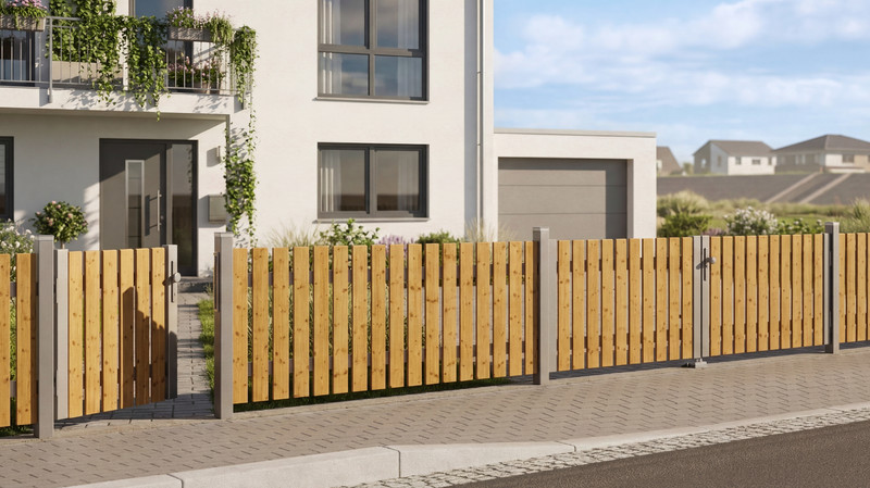 Moderner Vorgartenzaun aus Thermoholz mit passendem Gartentor und Metallpfosten vor einem Wohnhaus