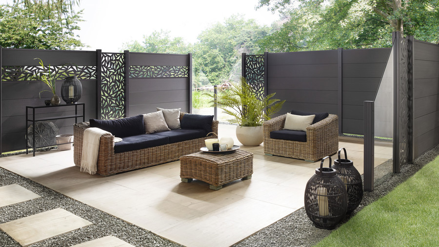 SYSTEM Sichtschutz für die Terrasse-variabel-vielfältig-Zaunfelder WPC XL-Designgitter Trigon-Glas Anschlusselemente