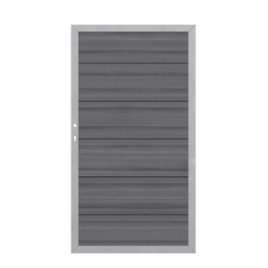 2631 SYSTEM WPC PLATINUM XL Grau Tor DIN Links Vorderansicht Graues WPC PLATINUM XL Standardtor DIN Links für SYSTEM Sichtschutzzaun Vorderansicht